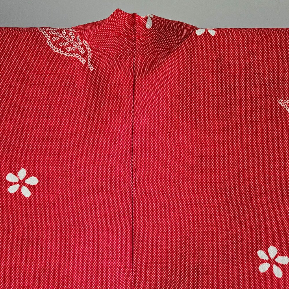Vintage Red Silk Kimono Jacket: Jacquard Shibori Haori H1526 - Picture 8 of 11